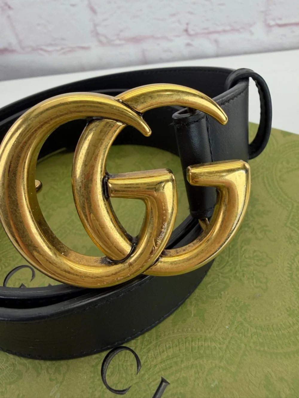Authentic Gucci Slim Leather Marmont Gg Double Mens Belt Black 80/32” 414516
